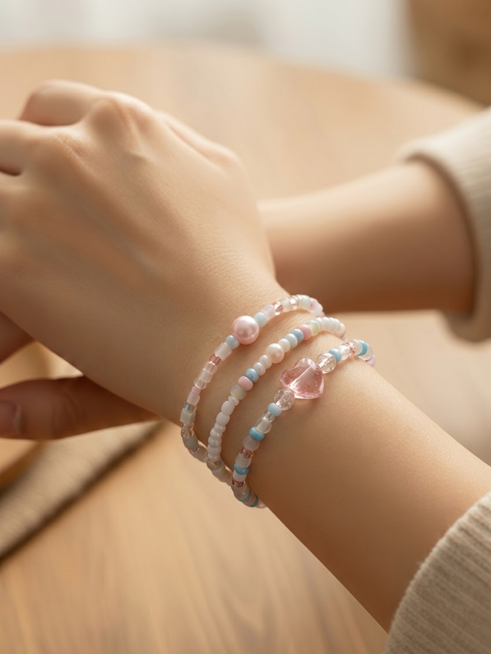 Hand Crafted Pastel Pink & Light Blue Beaded Bracelet Set
